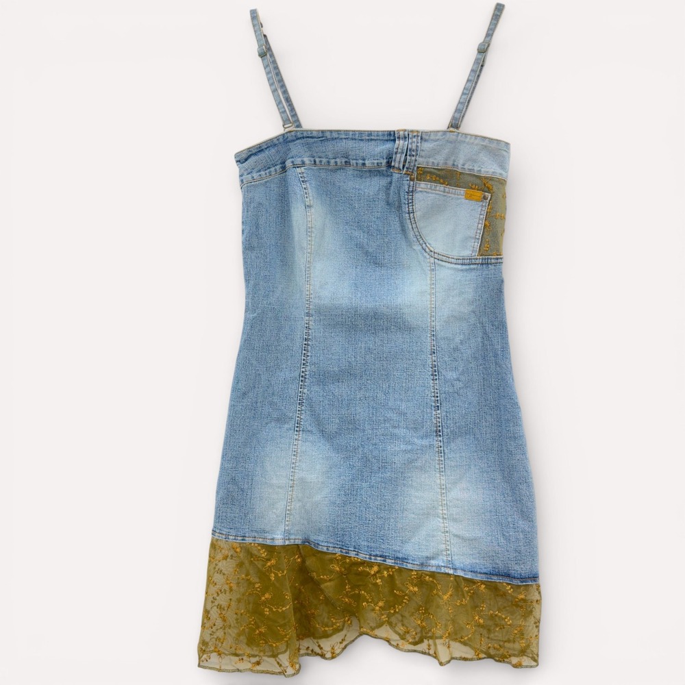 FUBU‎ Vintage Denim Lace Trim Mini Dress Blue Olive Green Y2K Fairycore Grunge